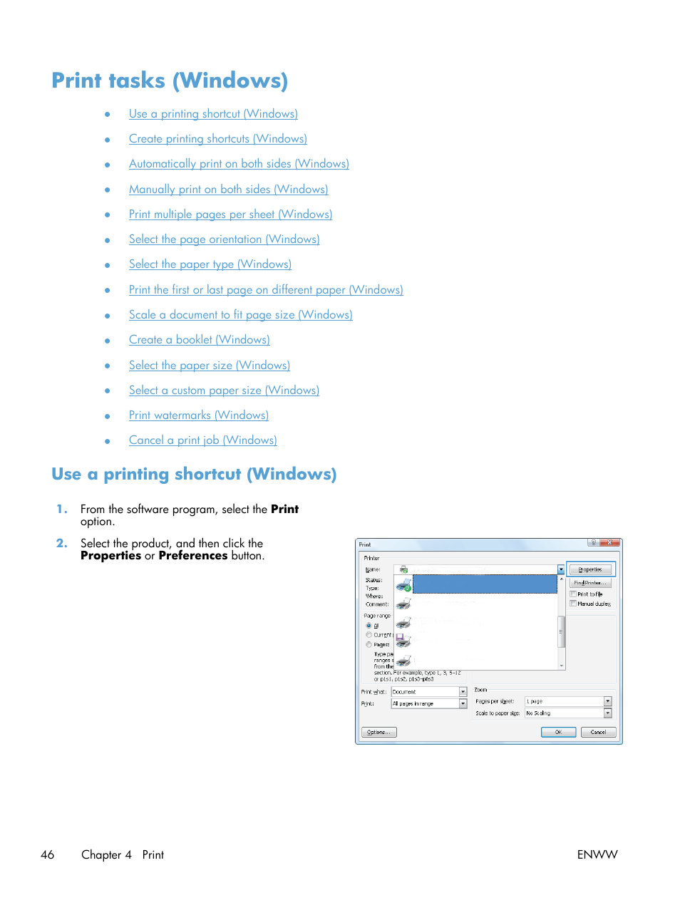 Print tasks (windows), Use a printing shortcut (windows) | HP LaserJet Pro M521 Multifunction Printer series User Manual | Page 60 / 256