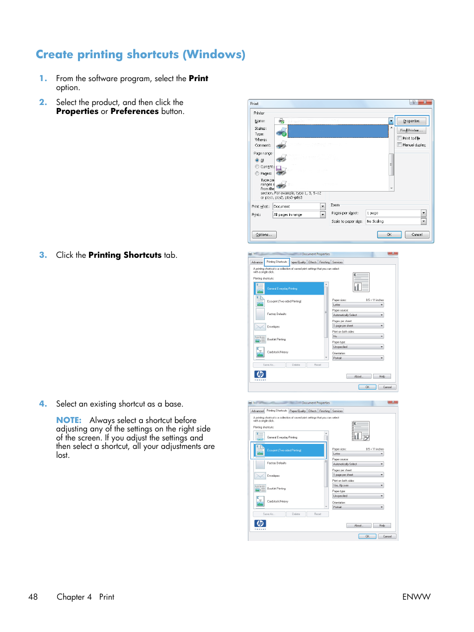 Create printing shortcuts (windows) | HP LaserJet Pro M521 Multifunction Printer series User Manual | Page 62 / 256
