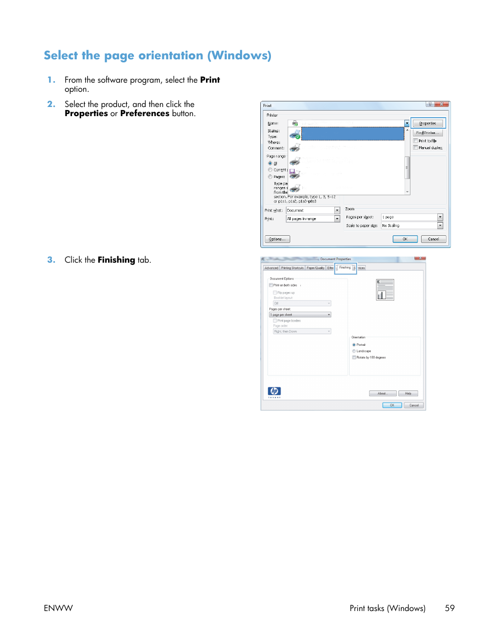 Select the page orientation (windows) | HP LaserJet Pro M521 Multifunction Printer series User Manual | Page 73 / 256
