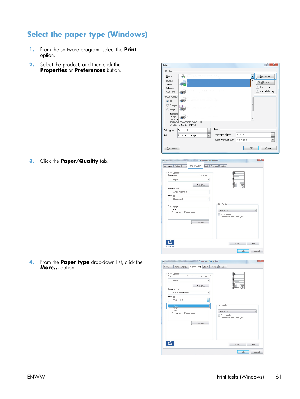 Select the paper type (windows) | HP LaserJet Pro M521 Multifunction Printer series User Manual | Page 75 / 256