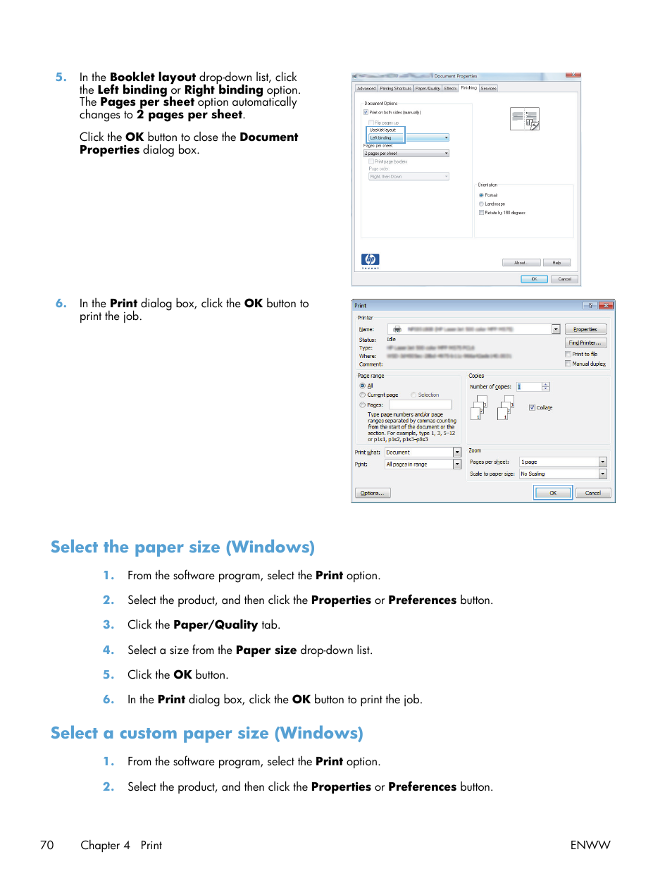 Select the paper size (windows), Select a custom paper size (windows) | HP LaserJet Pro M521 Multifunction Printer series User Manual | Page 84 / 256