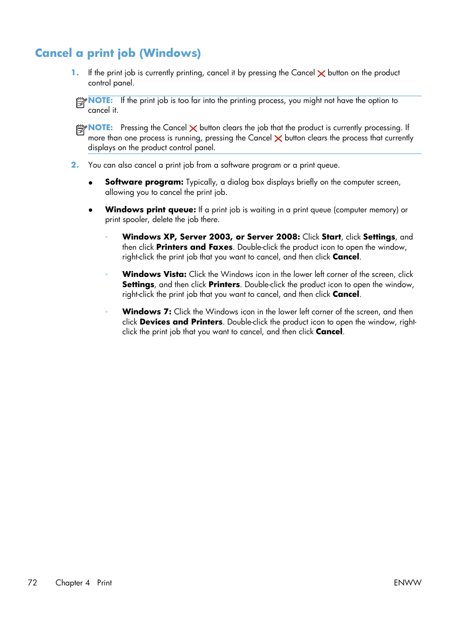 Cancel a print job (windows) | HP LaserJet Pro M521 Multifunction Printer series User Manual | Page 86 / 256