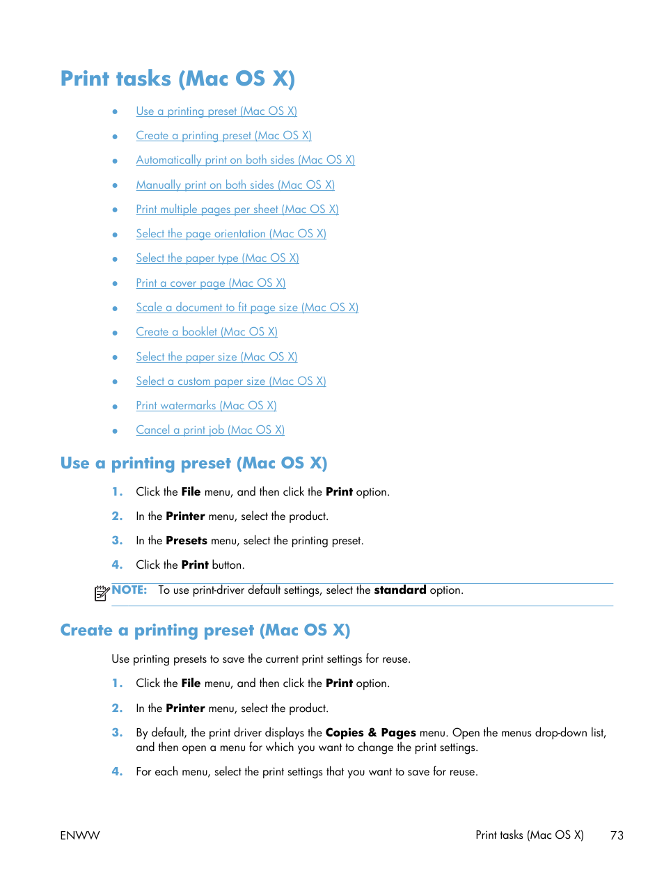 Print tasks (mac os x), Use a printing preset (mac os x), Create a printing preset (mac os x) | HP LaserJet Pro M521 Multifunction Printer series User Manual | Page 87 / 256