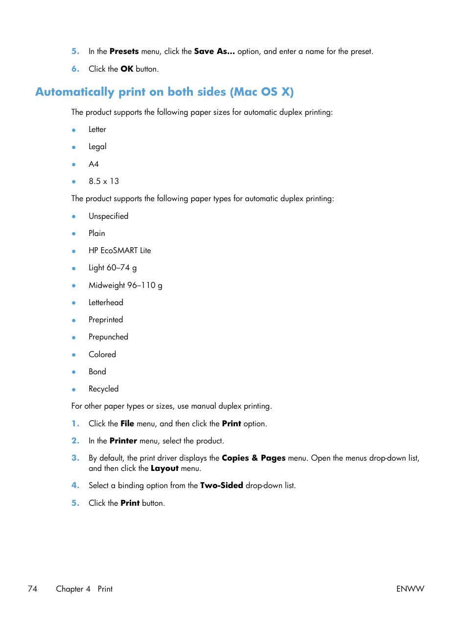 Automatically print on both sides (mac os x) | HP LaserJet Pro M521 Multifunction Printer series User Manual | Page 88 / 256