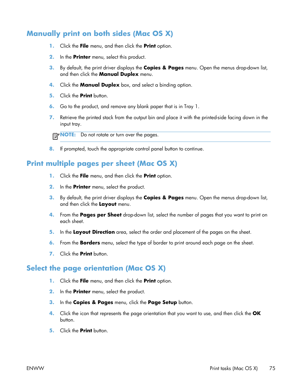 Manually print on both sides (mac os x), Print multiple pages per sheet (mac os x), Select the page orientation (mac os x) | HP LaserJet Pro M521 Multifunction Printer series User Manual | Page 89 / 256