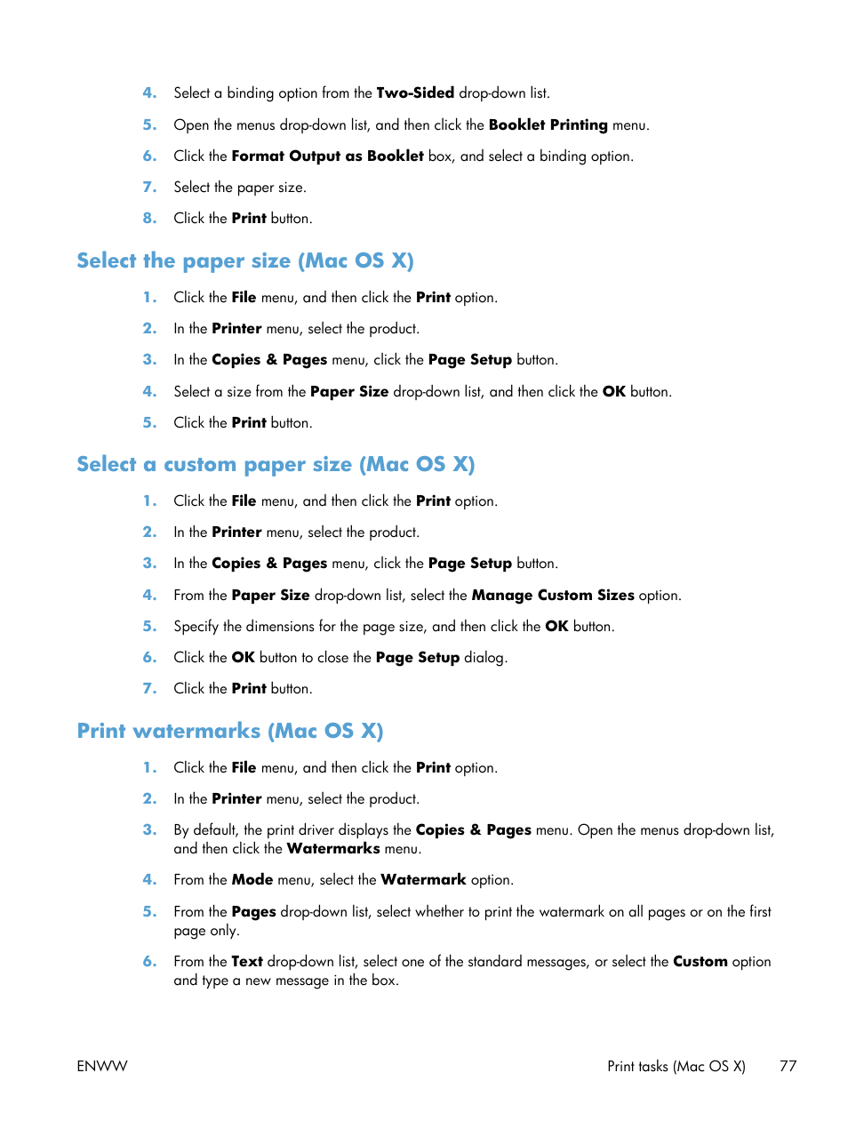 Select the paper size (mac os x), Select a custom paper size (mac os x), Print watermarks (mac os x) | HP LaserJet Pro M521 Multifunction Printer series User Manual | Page 91 / 256