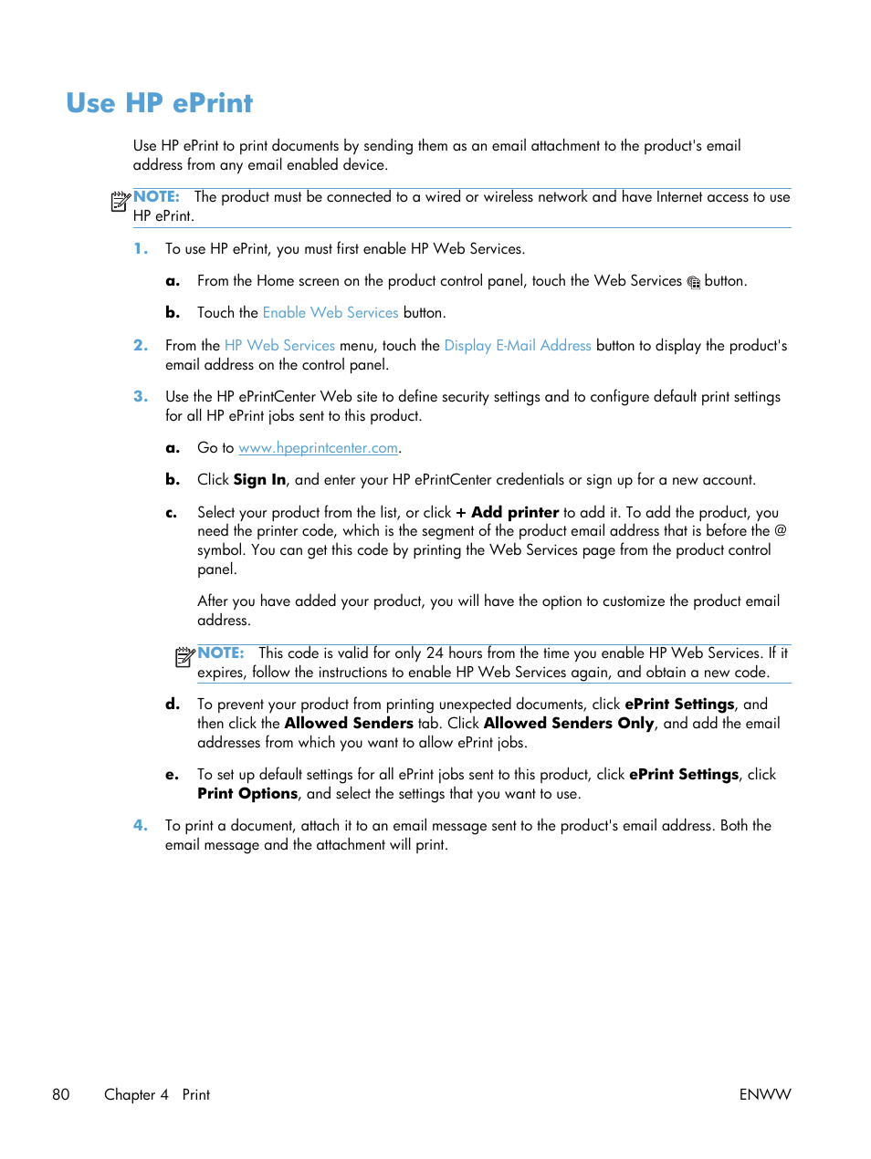 Use hp eprint | HP LaserJet Pro M521 Multifunction Printer series User Manual | Page 94 / 256
