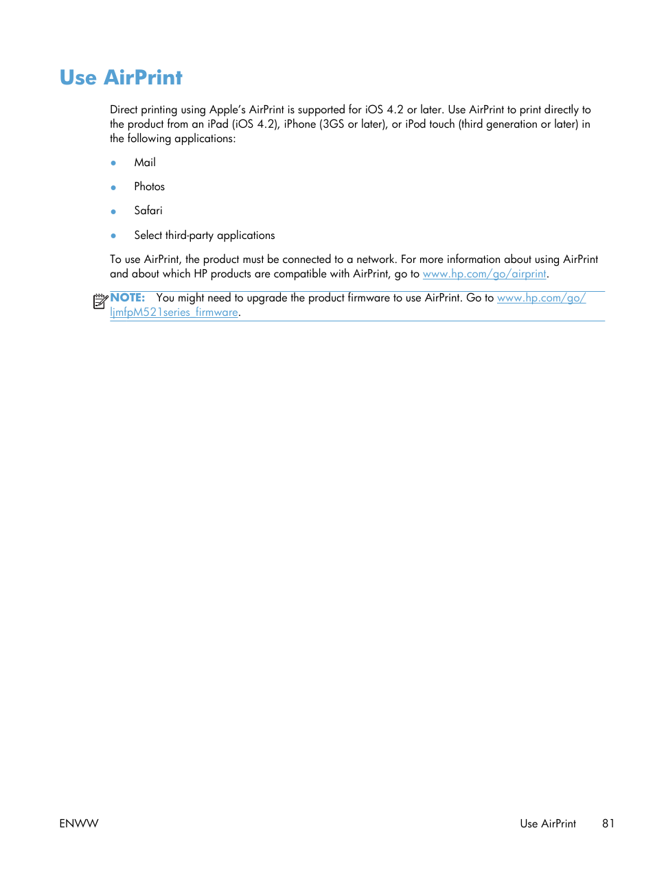 Use airprint | HP LaserJet Pro M521 Multifunction Printer series User Manual | Page 95 / 256