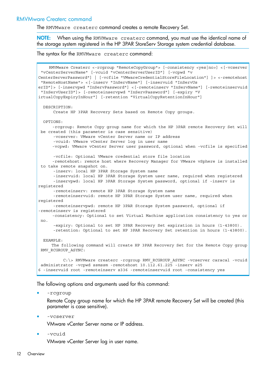 Rmvmware createrc command | HP 3PAR Application Software Suite for VMware User Manual | Page 12 / 69