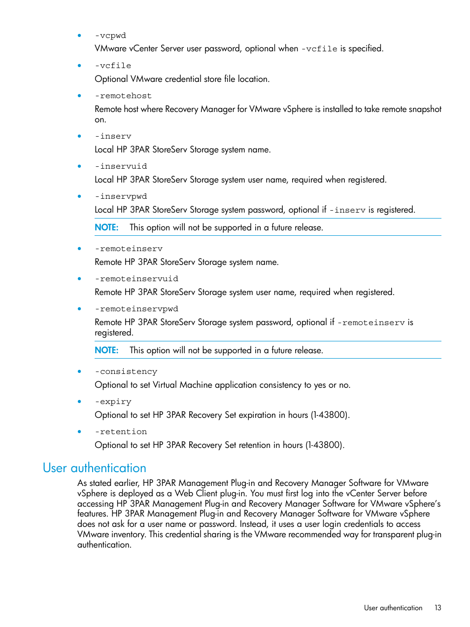 User authentication | HP 3PAR Application Software Suite for VMware User Manual | Page 13 / 69
