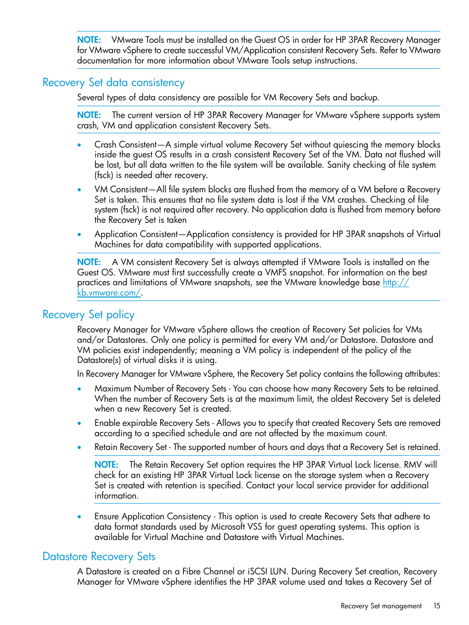 Recovery set data consistency, Recovery set policy, Datastore recovery sets | HP 3PAR Application Software Suite for VMware User Manual | Page 15 / 69