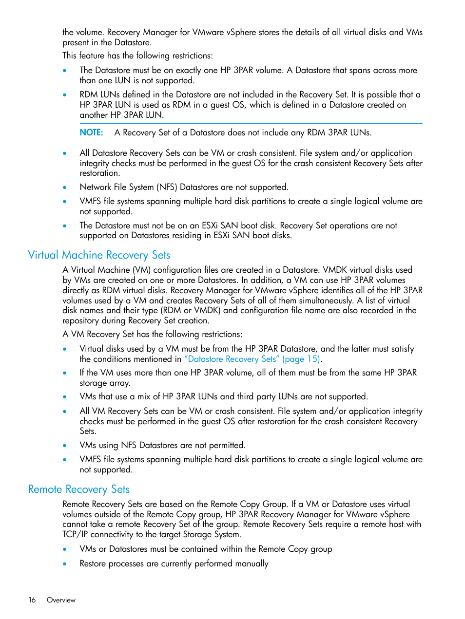 Virtual machine recovery sets, Remote recovery sets, Virtual machine recovery sets remote recovery sets | HP 3PAR Application Software Suite for VMware User Manual | Page 16 / 69