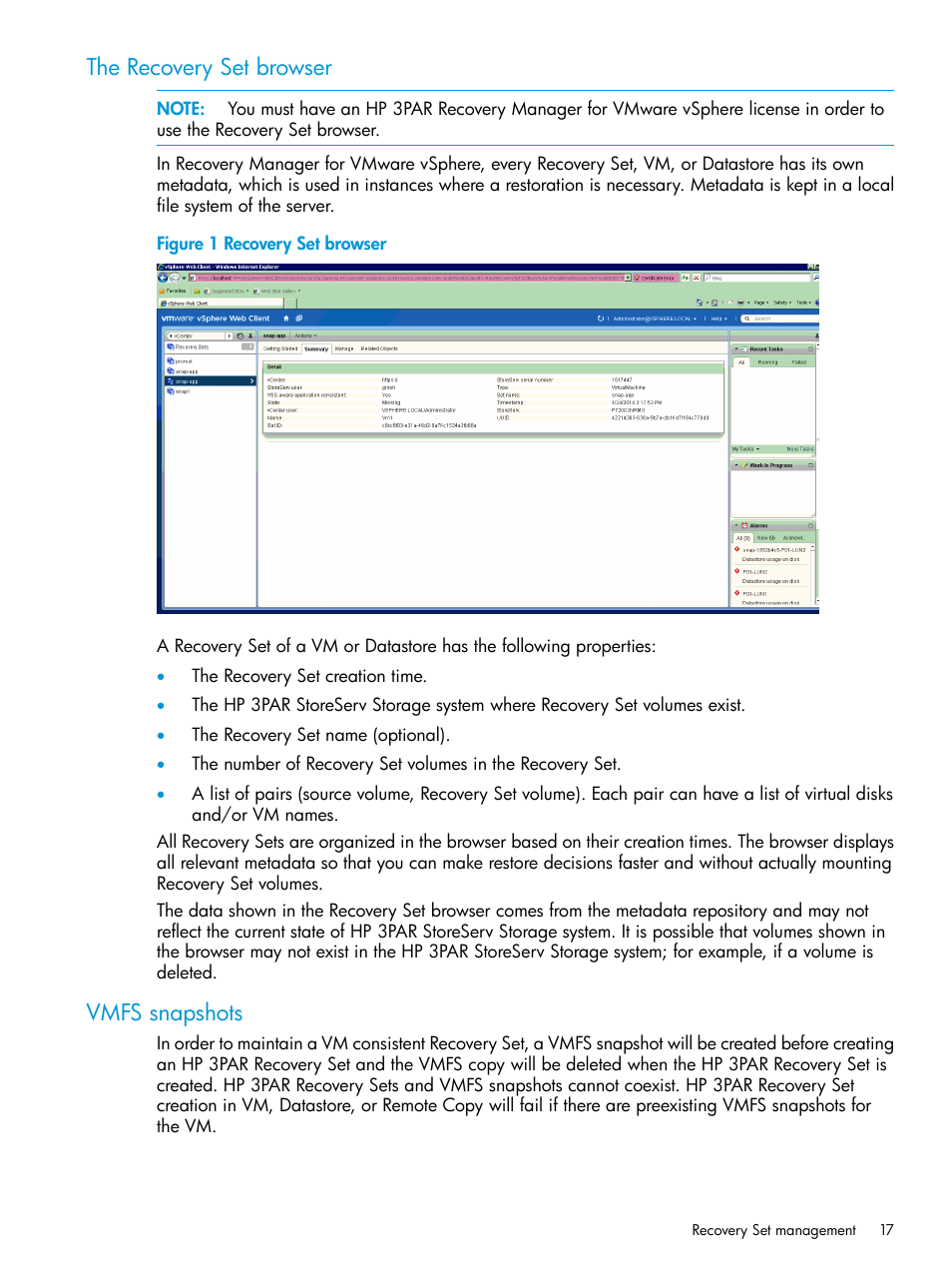 The recovery set browser, Vmfs snapshots, The recovery set browser vmfs snapshots | HP 3PAR Application Software Suite for VMware User Manual | Page 17 / 69