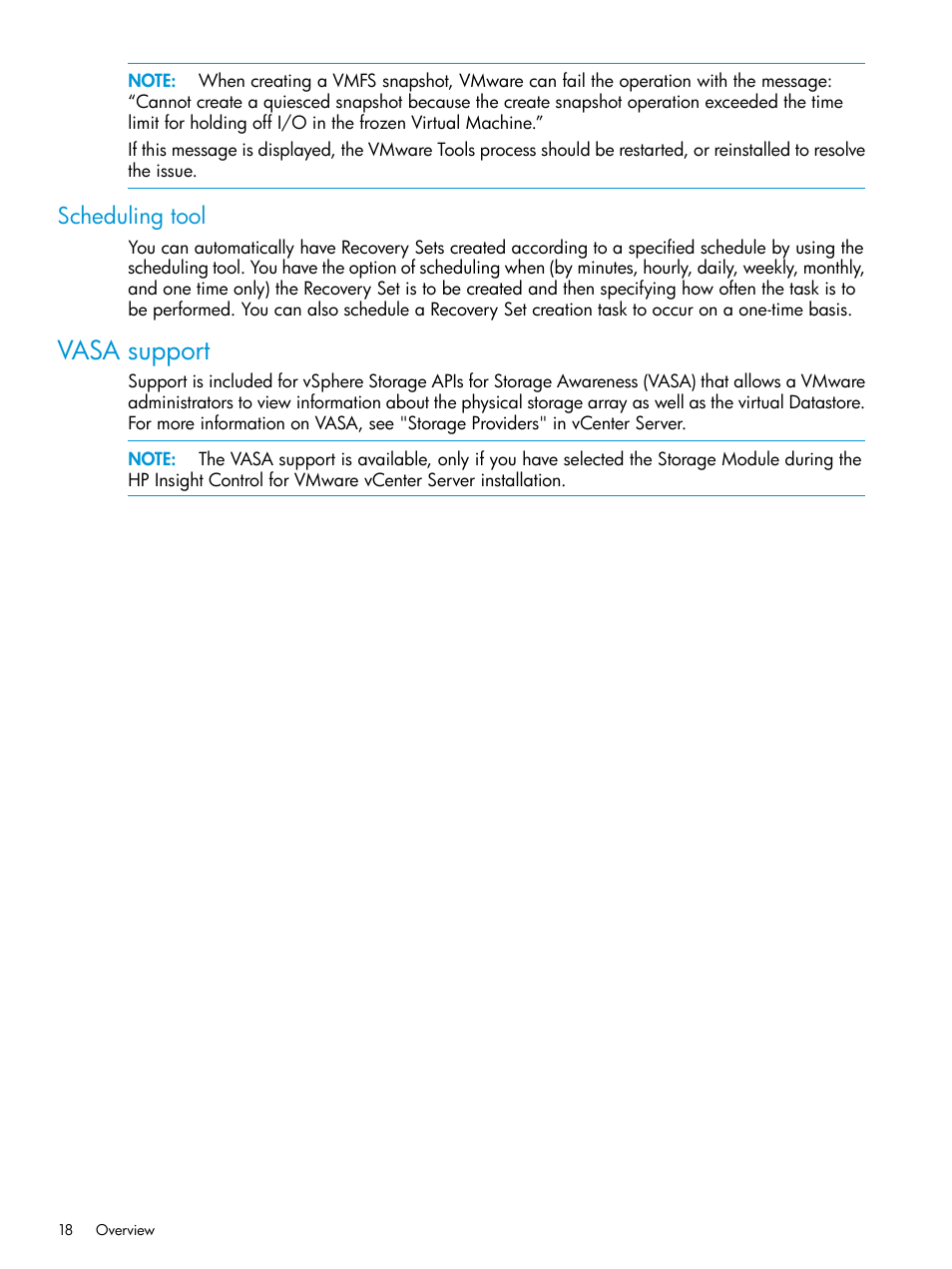 Scheduling tool, Vasa support | HP 3PAR Application Software Suite for VMware User Manual | Page 18 / 69