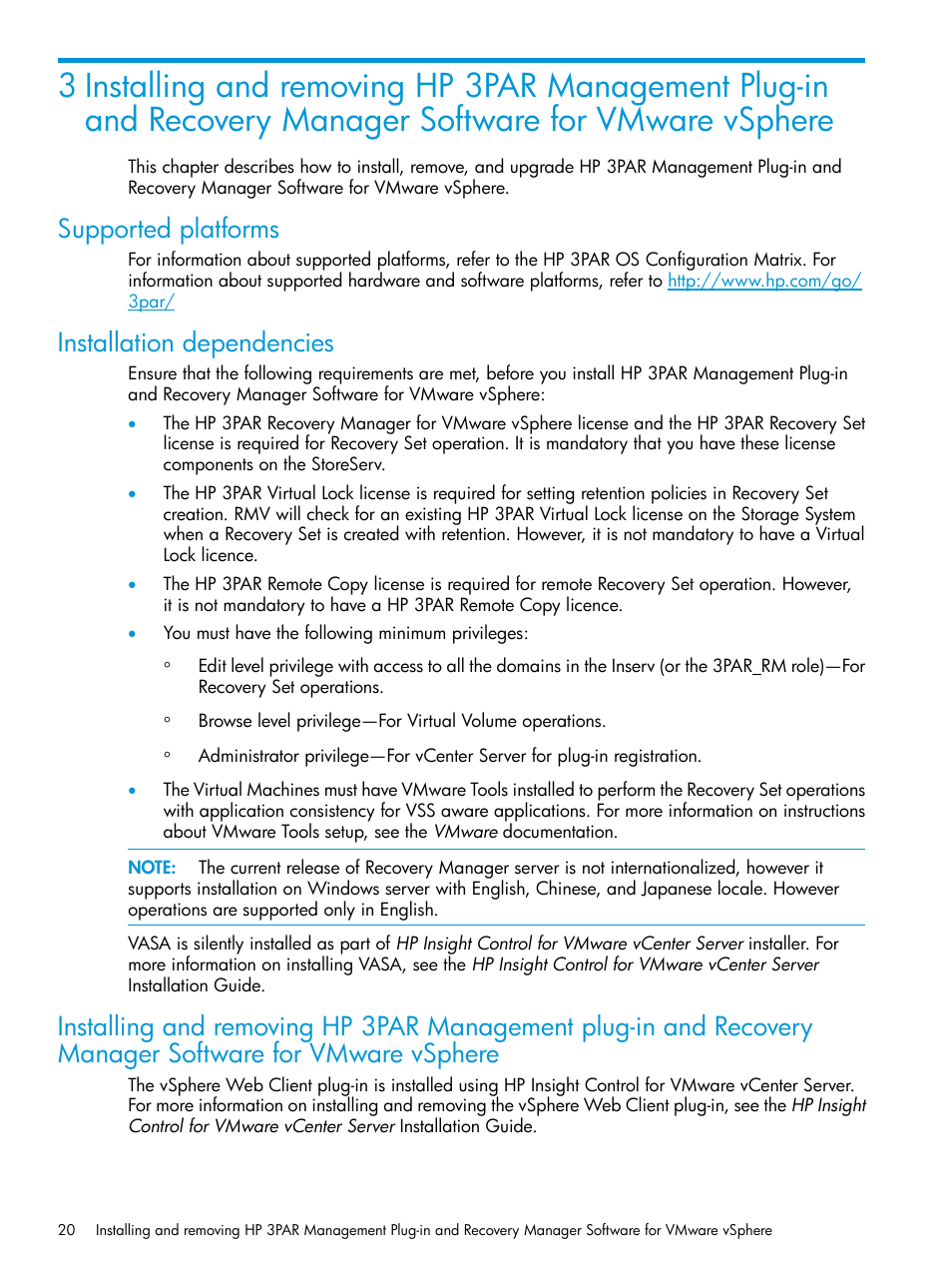 Supported platforms, Installation dependencies | HP 3PAR Application Software Suite for VMware User Manual | Page 20 / 69