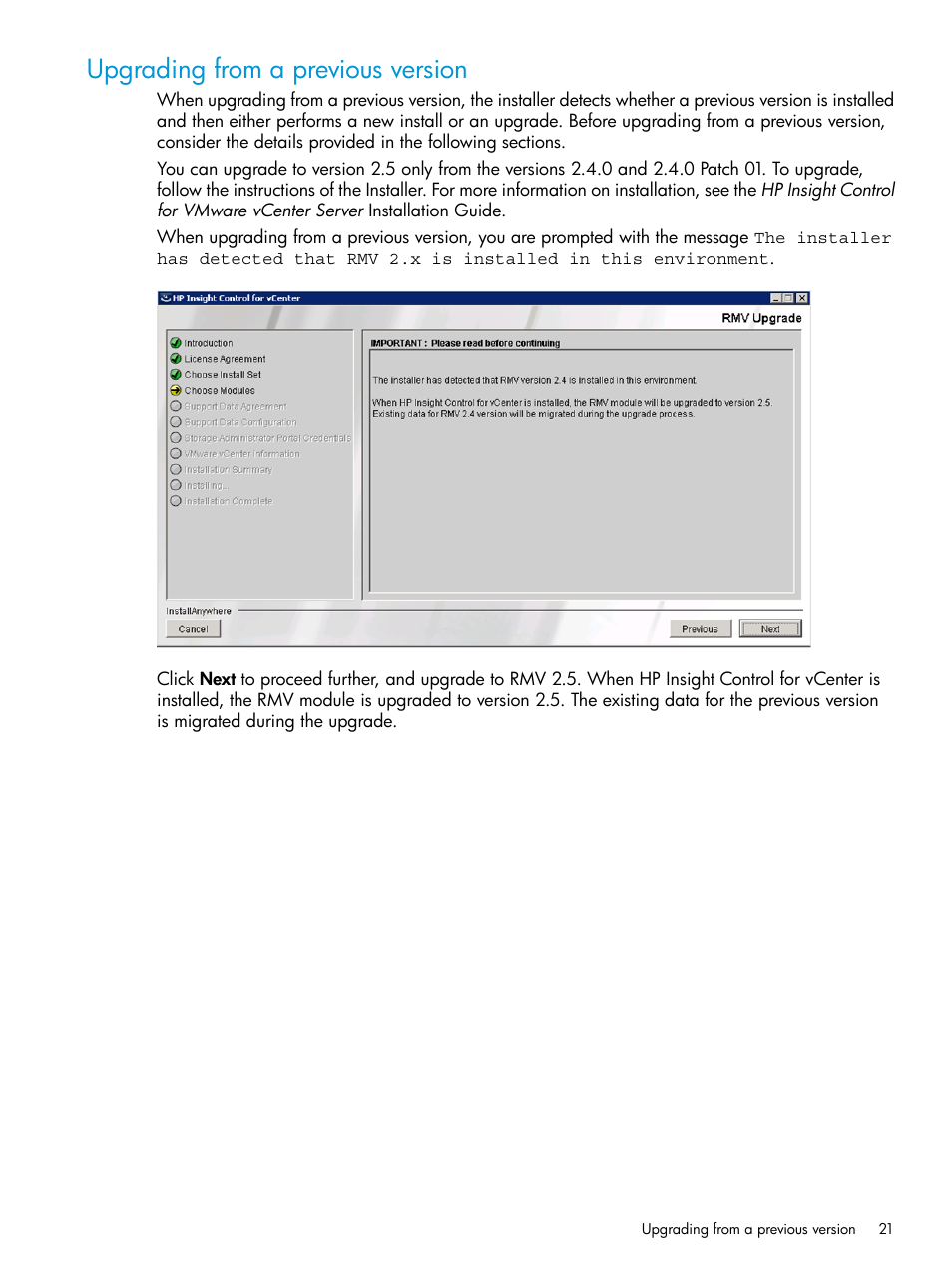 Upgrading from a previous version | HP 3PAR Application Software Suite for VMware User Manual | Page 21 / 69
