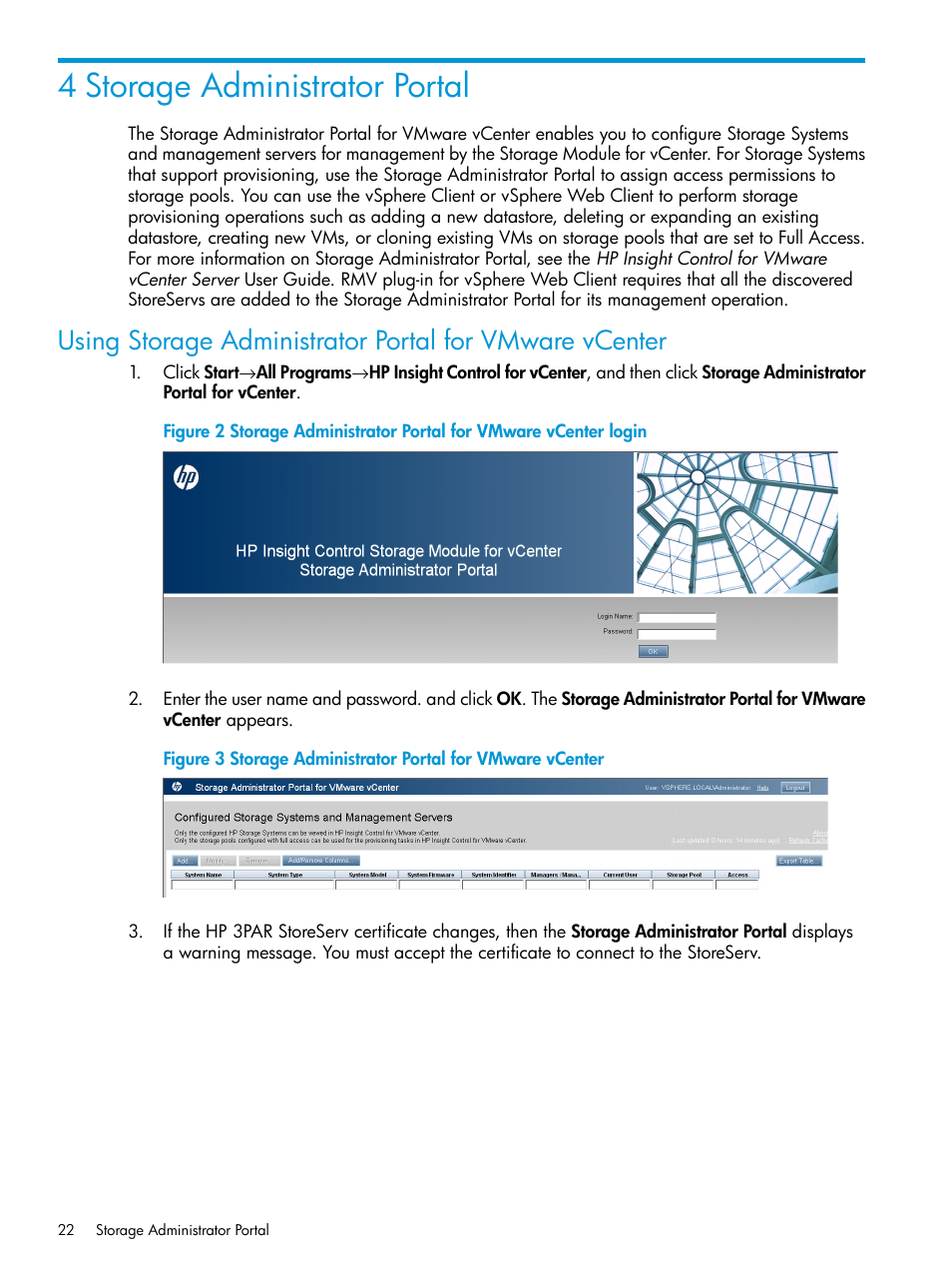 4 storage administrator portal | HP 3PAR Application Software Suite for VMware User Manual | Page 22 / 69