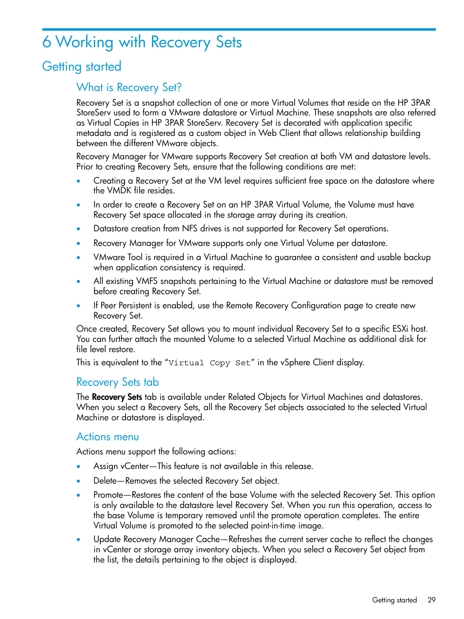 6 working with recovery sets, Getting started, What is recovery set | Recovery sets tab, Actions menu | HP 3PAR Application Software Suite for VMware User Manual | Page 29 / 69