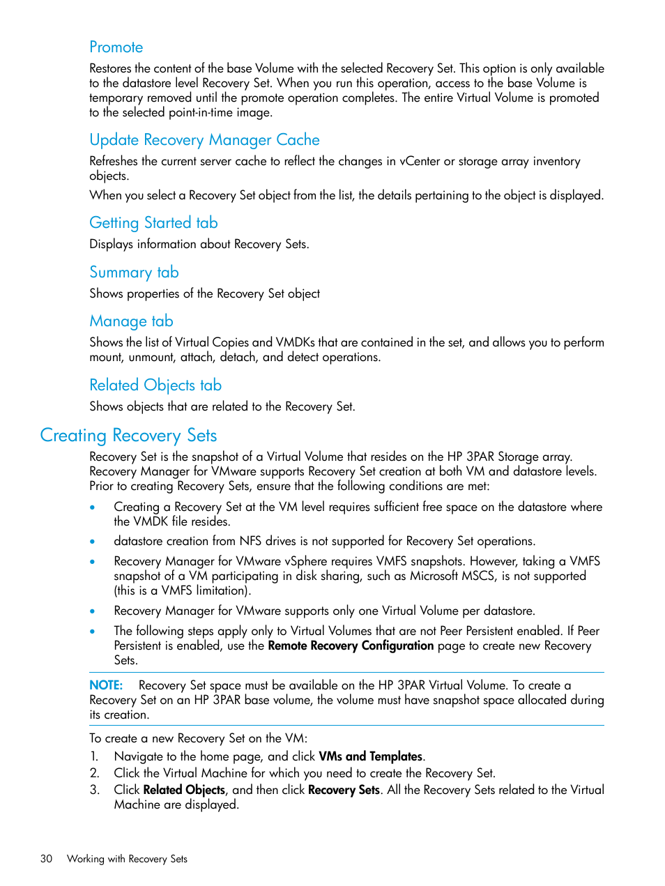 Creating recovery sets, Promote, Update recovery manager cache | Getting started tab, Summary tab, Manage tab, Related objects tab | HP 3PAR Application Software Suite for VMware User Manual | Page 30 / 69