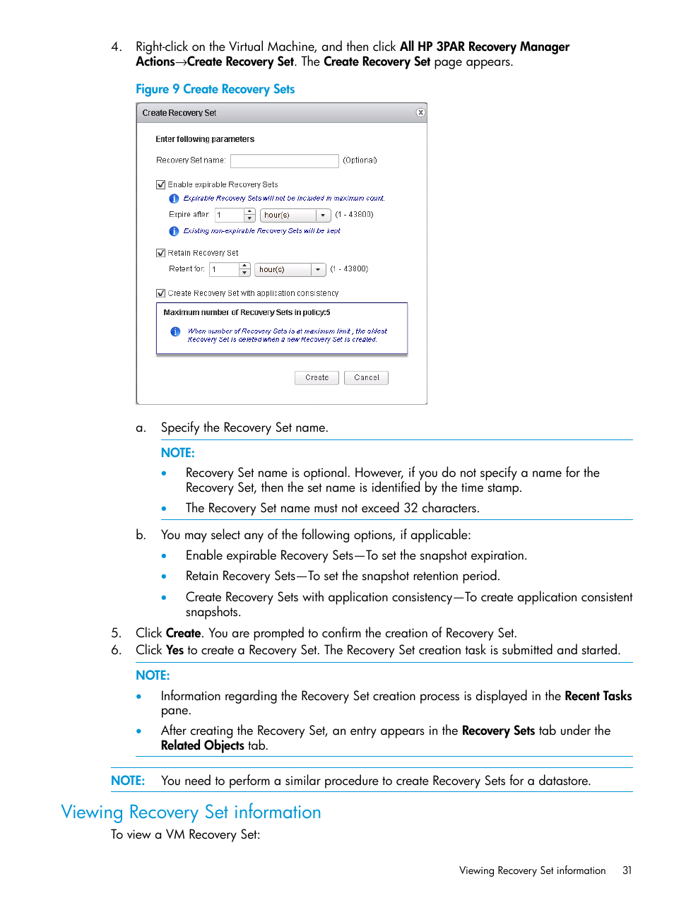 Viewing recovery set information | HP 3PAR Application Software Suite for VMware User Manual | Page 31 / 69