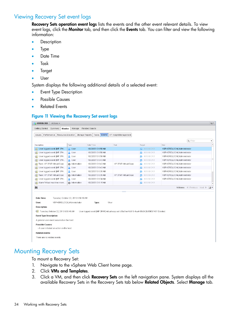 Viewing recovery set event logs, Mounting recovery sets | HP 3PAR Application Software Suite for VMware User Manual | Page 34 / 69