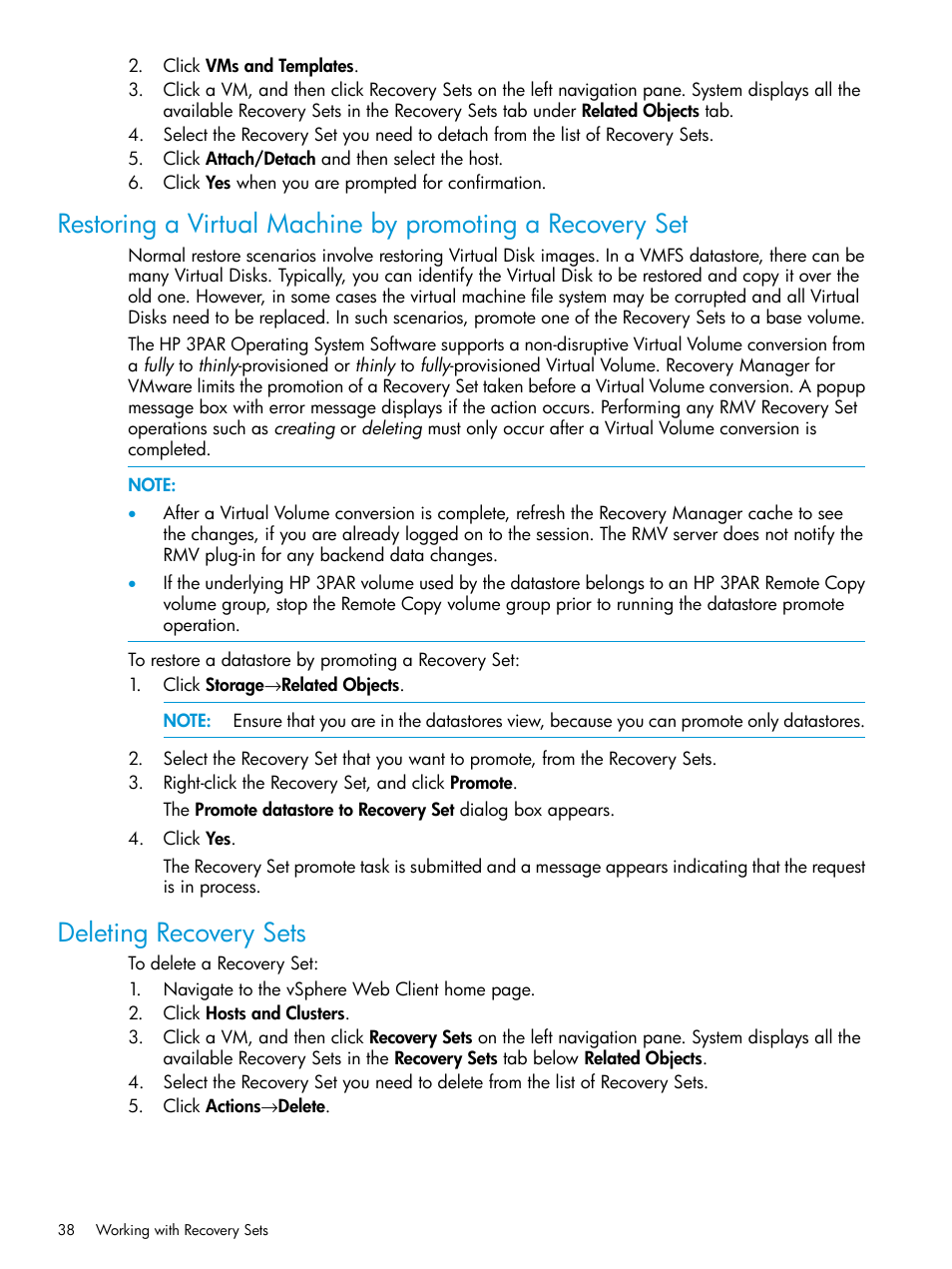 Deleting recovery sets | HP 3PAR Application Software Suite for VMware User Manual | Page 38 / 69