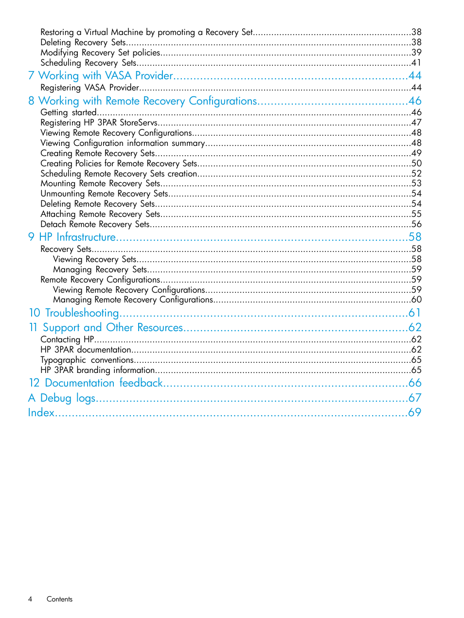 7 working with vasa provider, 8 working with remote recovery configurations, 9 hp infrastructure | 10 troubleshooting 11 support and other resources, 12 documentation feedback a debug logs index | HP 3PAR Application Software Suite for VMware User Manual | Page 4 / 69