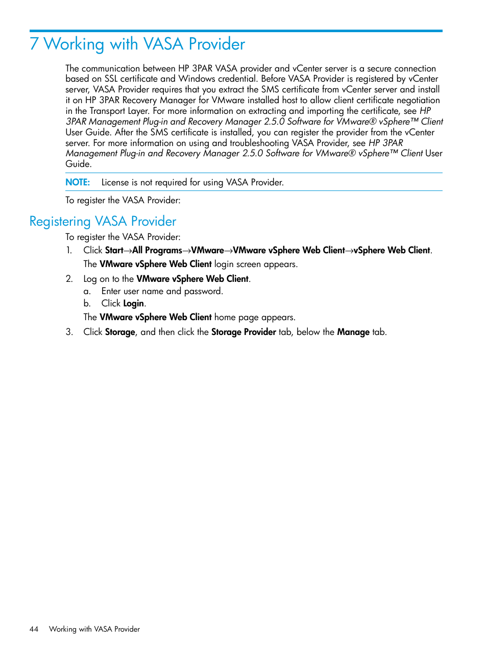 7 working with vasa provider, Registering vasa provider | HP 3PAR Application Software Suite for VMware User Manual | Page 44 / 69