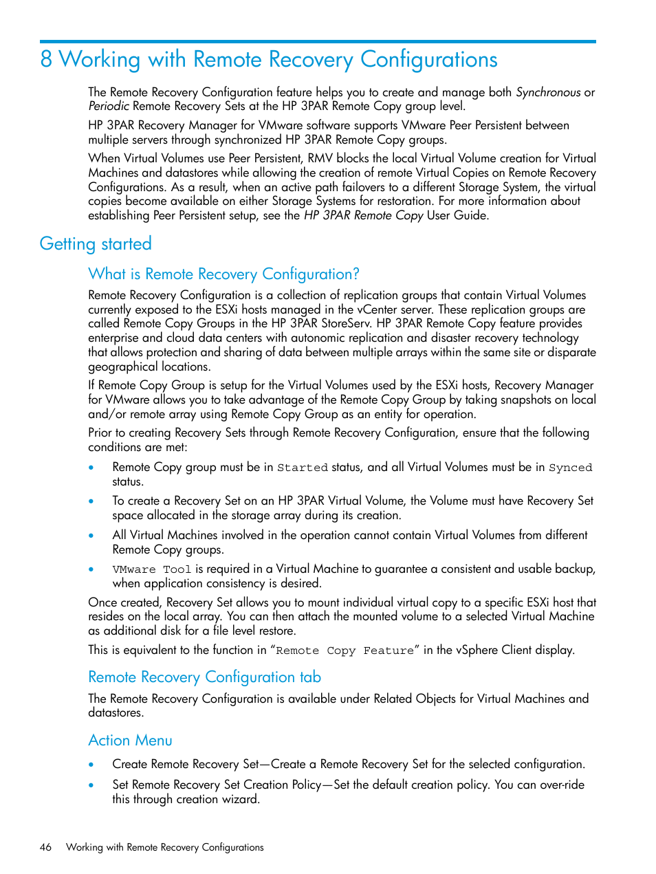 8 working with remote recovery configurations, Getting started, What is remote recovery configuration | Remote recovery configuration tab, Action menu | HP 3PAR Application Software Suite for VMware User Manual | Page 46 / 69