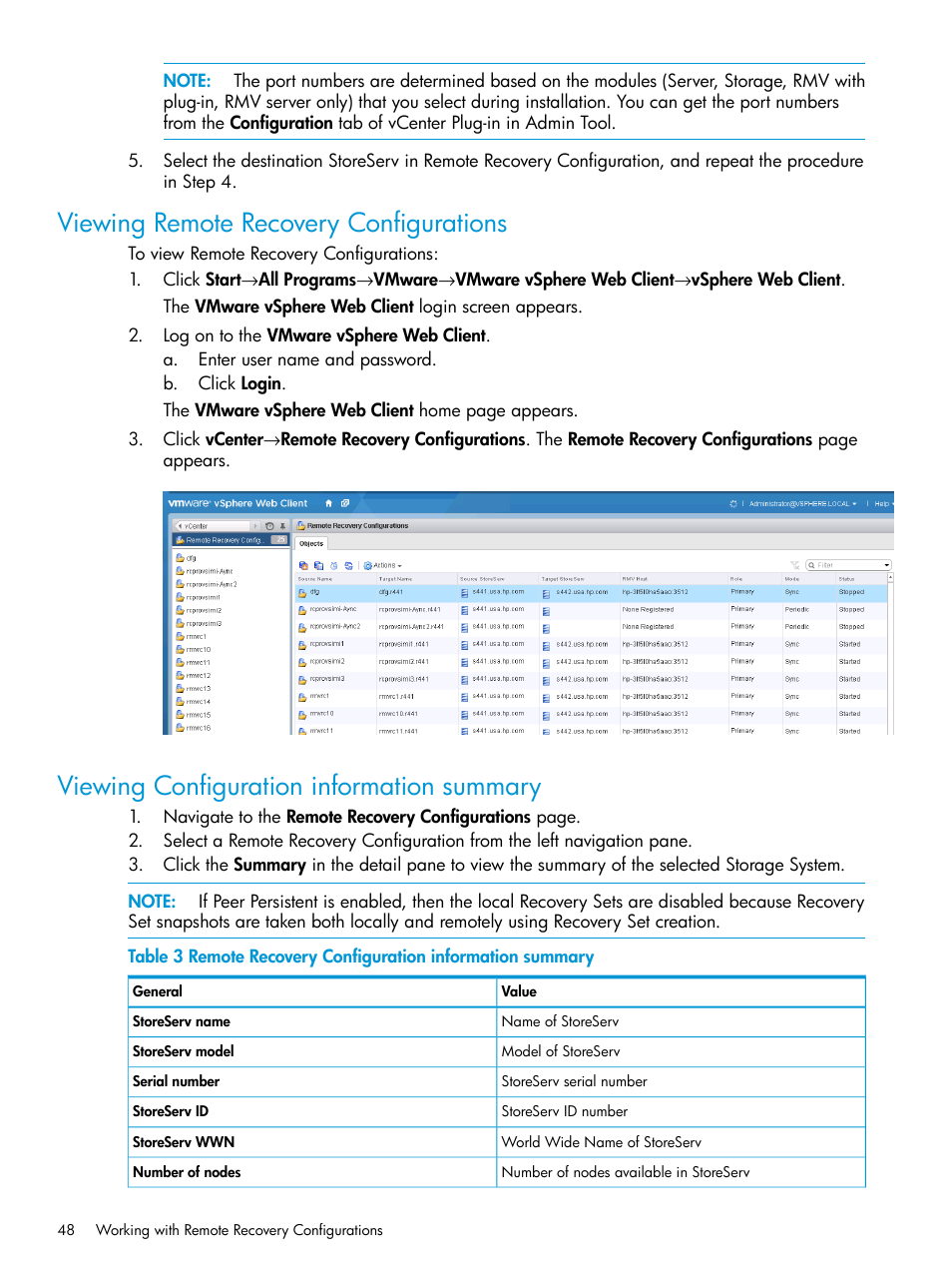 Viewing remote recovery configurations, Viewing configuration information summary | HP 3PAR Application Software Suite for VMware User Manual | Page 48 / 69