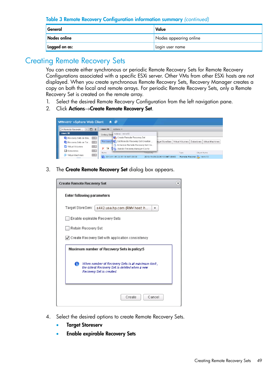 Creating remote recovery sets | HP 3PAR Application Software Suite for VMware User Manual | Page 49 / 69