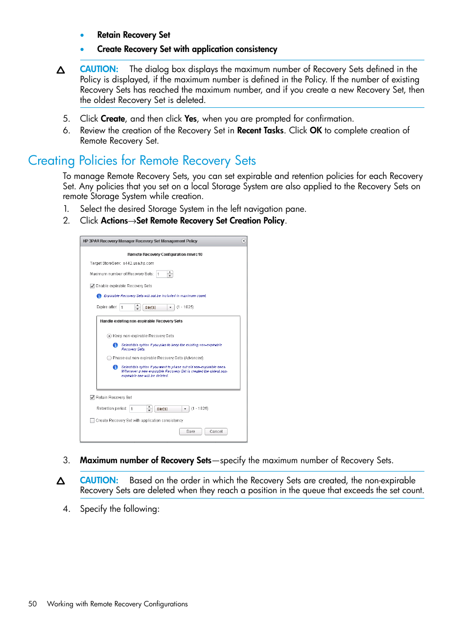 Creating policies for remote recovery sets | HP 3PAR Application Software Suite for VMware User Manual | Page 50 / 69