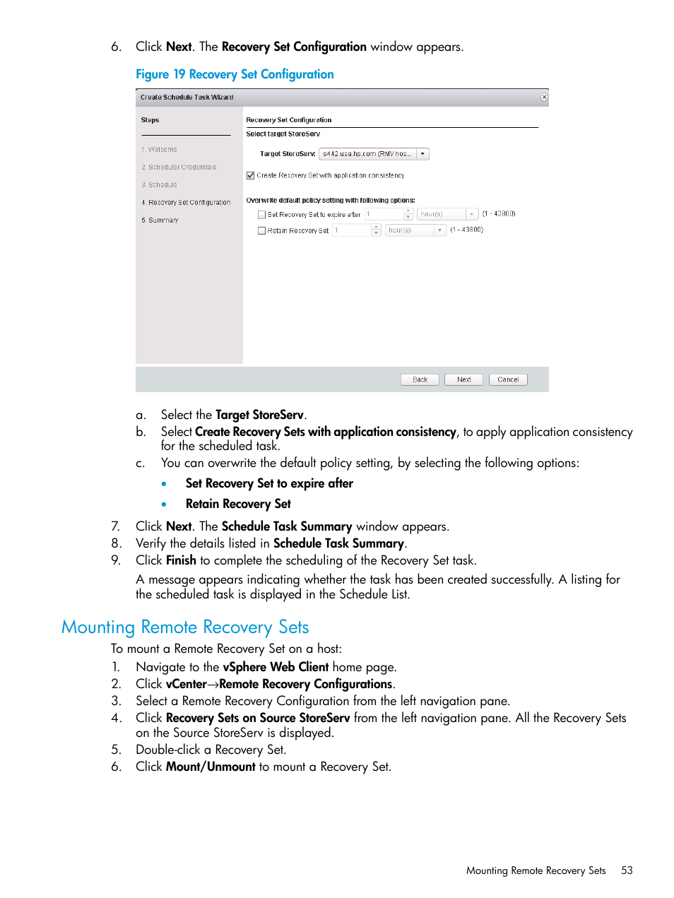 Mounting remote recovery sets | HP 3PAR Application Software Suite for VMware User Manual | Page 53 / 69