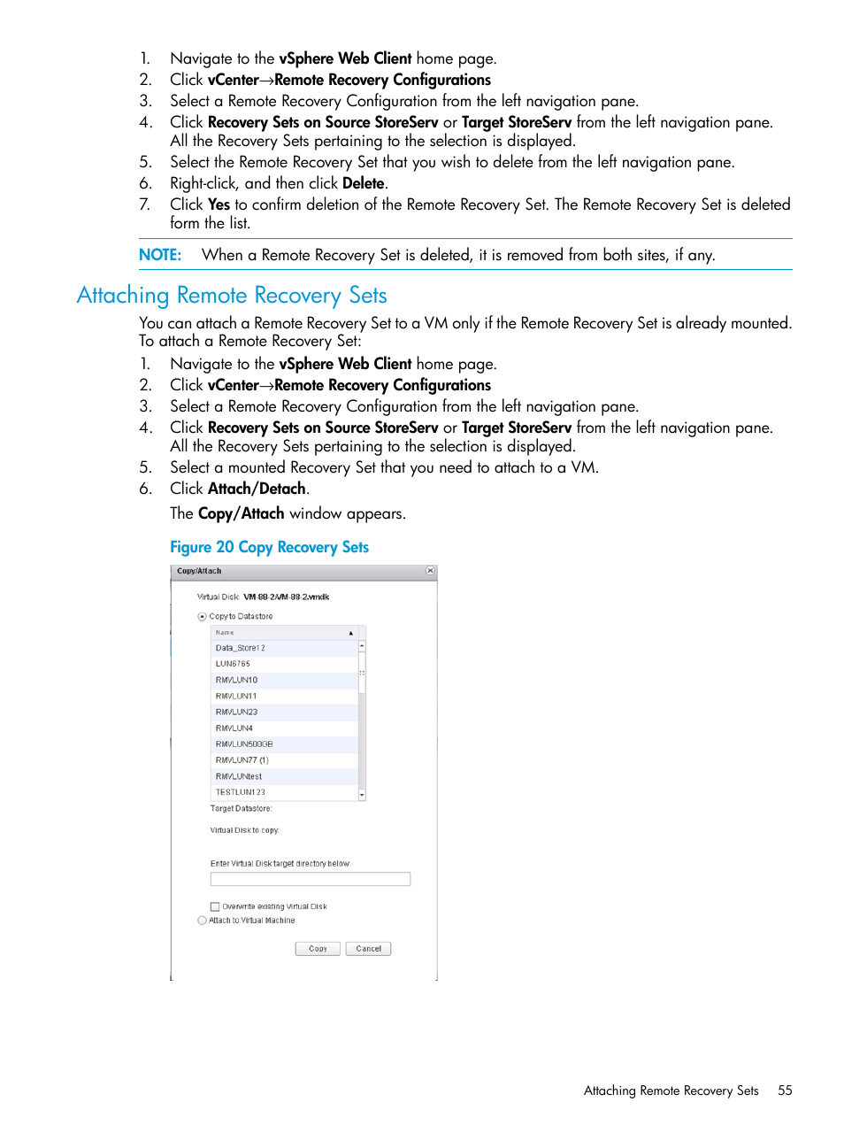 Attaching remote recovery sets | HP 3PAR Application Software Suite for VMware User Manual | Page 55 / 69