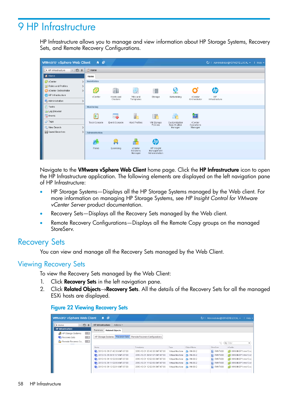 9 hp infrastructure, Recovery sets, Viewing recovery sets | HP 3PAR Application Software Suite for VMware User Manual | Page 58 / 69