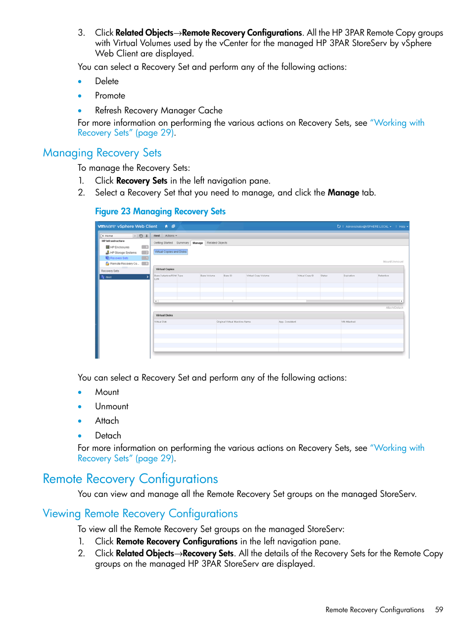 Managing recovery sets, Remote recovery configurations, Viewing remote recovery configurations | HP 3PAR Application Software Suite for VMware User Manual | Page 59 / 69