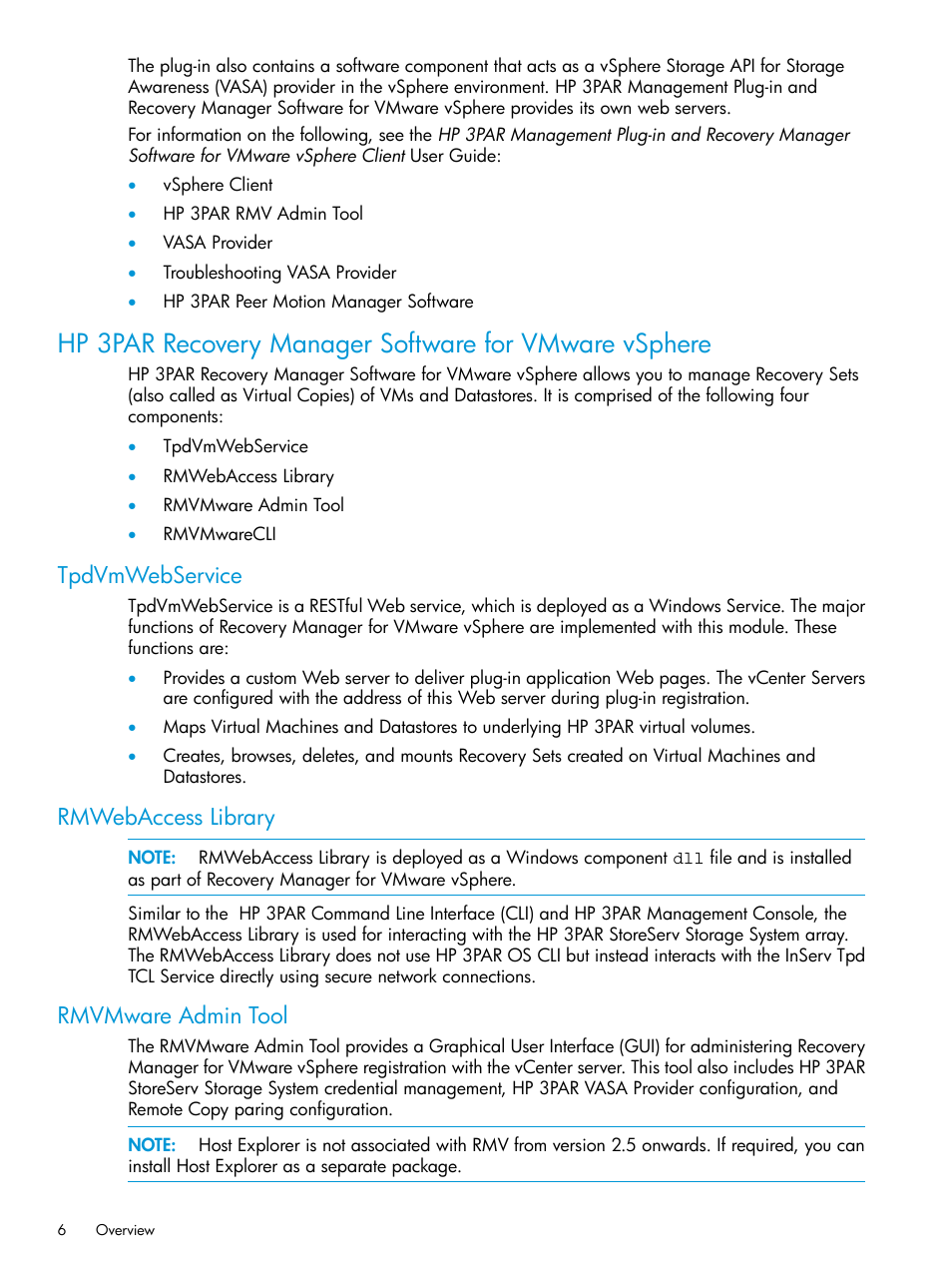 Tpdvmwebservice, Rmwebaccess library, Rmvmware admin tool | HP 3PAR Application Software Suite for VMware User Manual | Page 6 / 69