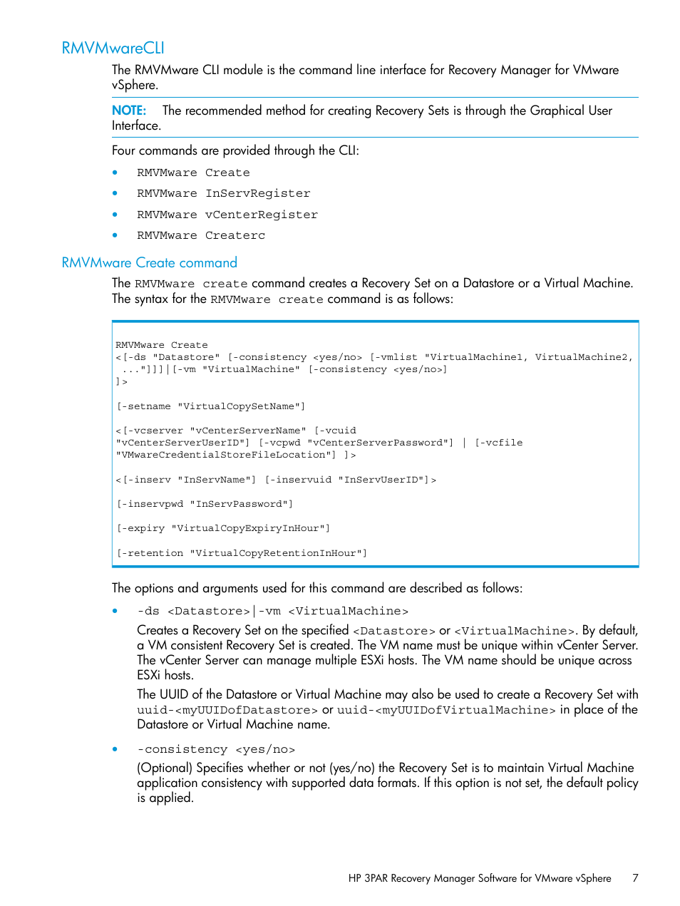 Rmvmwarecli, Rmvmware create command | HP 3PAR Application Software Suite for VMware User Manual | Page 7 / 69