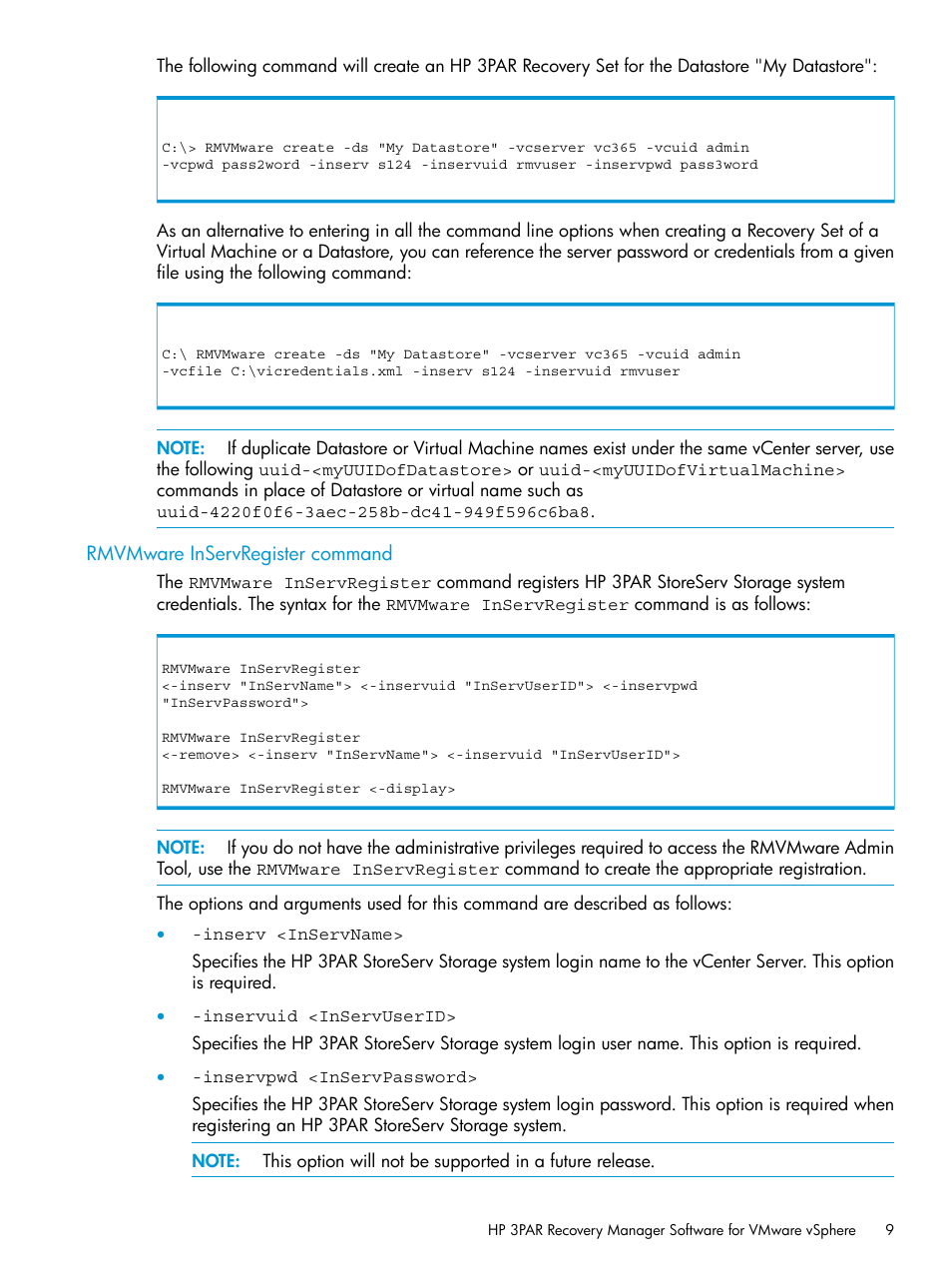 Rmvmware inservregister command | HP 3PAR Application Software Suite for VMware User Manual | Page 9 / 69