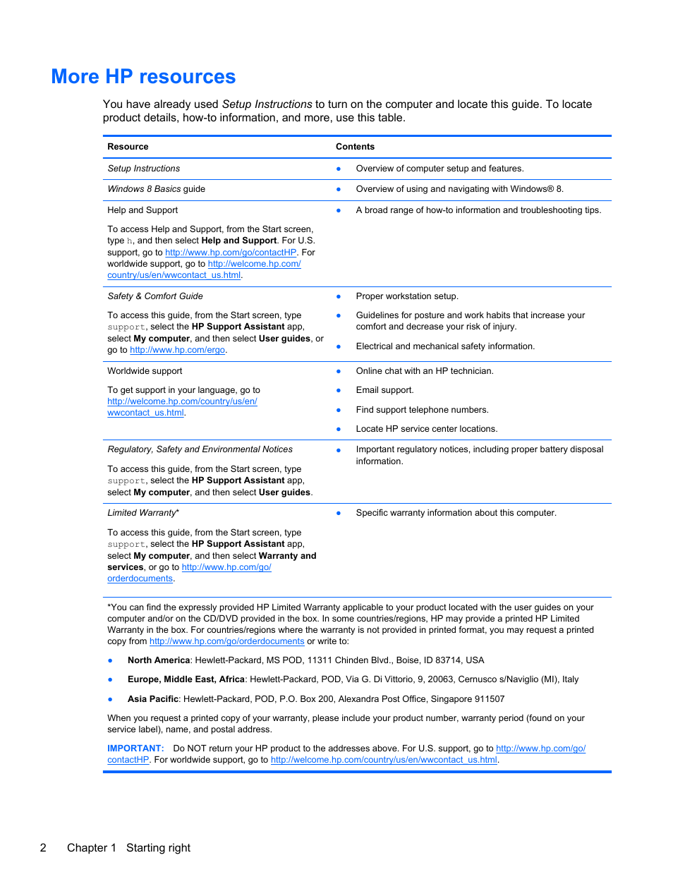 More hp resources, 2chapter 1 starting right | HP ENVY 15-j181nr Notebook PC User Manual | Page 12 / 90