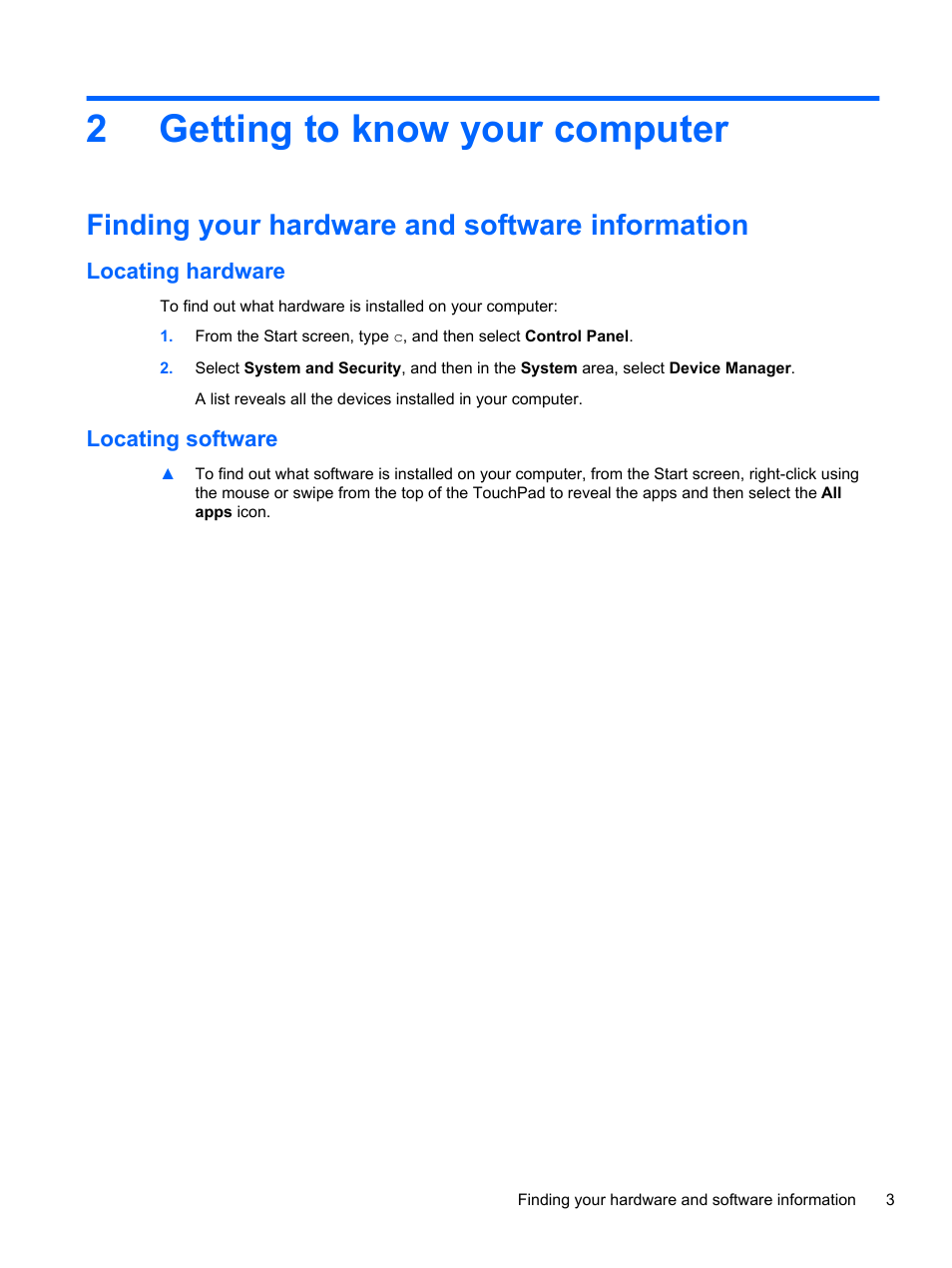 Getting to know your computer, Finding your hardware and software information, Locating hardware | Locating software, 2 getting to know your computer, Locating hardware locating software, Getting to, 2getting to know your computer | HP ENVY 15-j181nr Notebook PC User Manual | Page 13 / 90