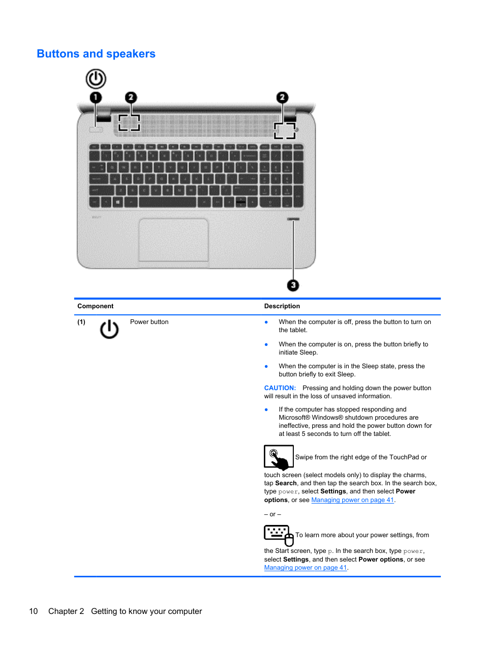 Buttons and speakers | HP ENVY 15-j181nr Notebook PC User Manual | Page 20 / 90