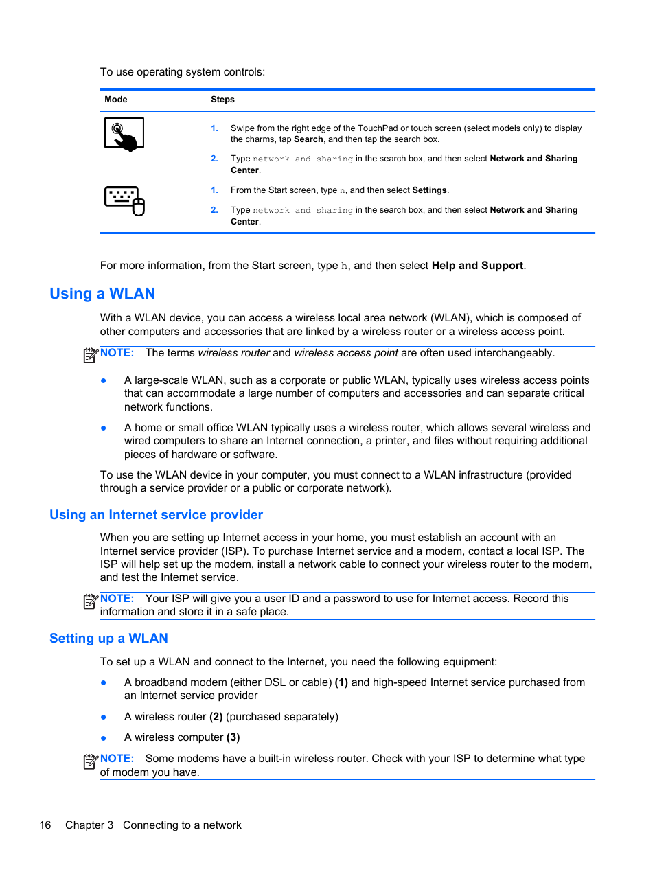 Using a wlan, Using an internet service provider, Setting up a wlan | HP ENVY 15-j181nr Notebook PC User Manual | Page 26 / 90