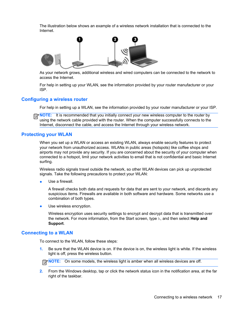 Configuring a wireless router, Protecting your wlan, Connecting to a wlan | HP ENVY 15-j181nr Notebook PC User Manual | Page 27 / 90