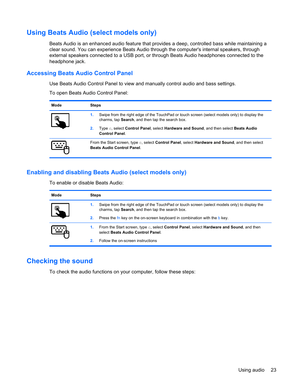 Using beats audio (select models only), Accessing beats audio control panel, Checking the sound | HP ENVY 15-j181nr Notebook PC User Manual | Page 33 / 90