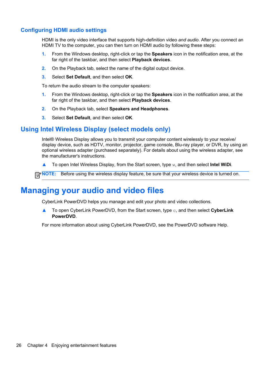 Configuring hdmi audio settings, Using intel wireless display (select models only), Managing your audio and video files | HP ENVY 15-j181nr Notebook PC User Manual | Page 36 / 90