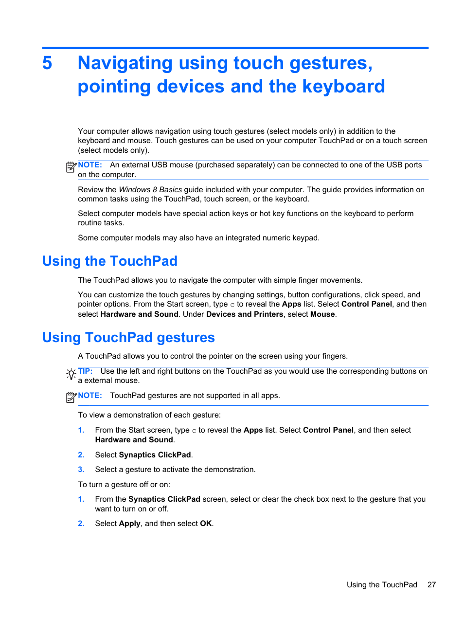 Using the touchpad, Using touchpad gestures, Using the touchpad using touchpad gestures | Text. see | HP ENVY 15-j181nr Notebook PC User Manual | Page 37 / 90