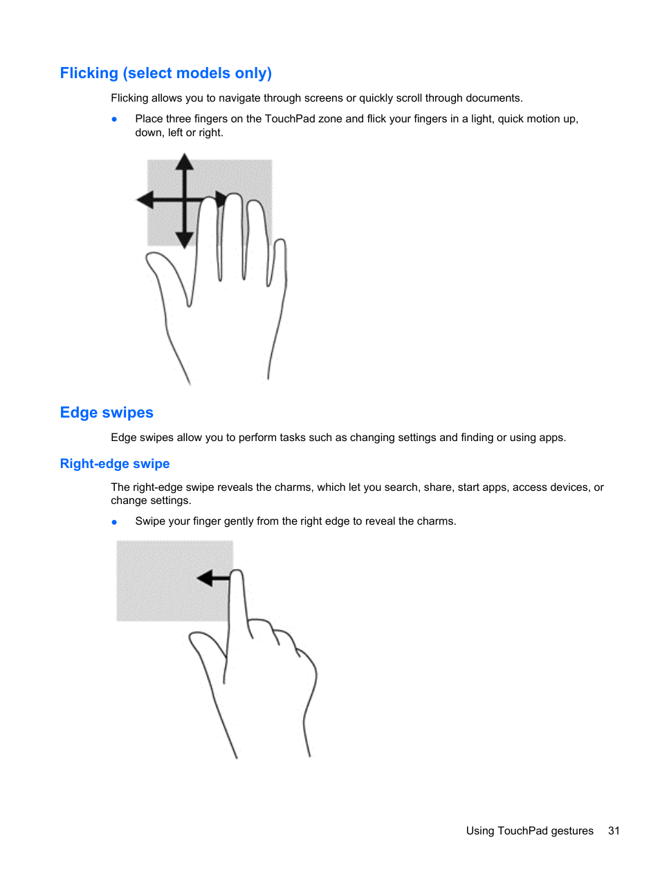 Flicking (select models only), Edge swipes, Right-edge swipe | Flicking (select models only) edge swipes | HP ENVY 15-j181nr Notebook PC User Manual | Page 41 / 90