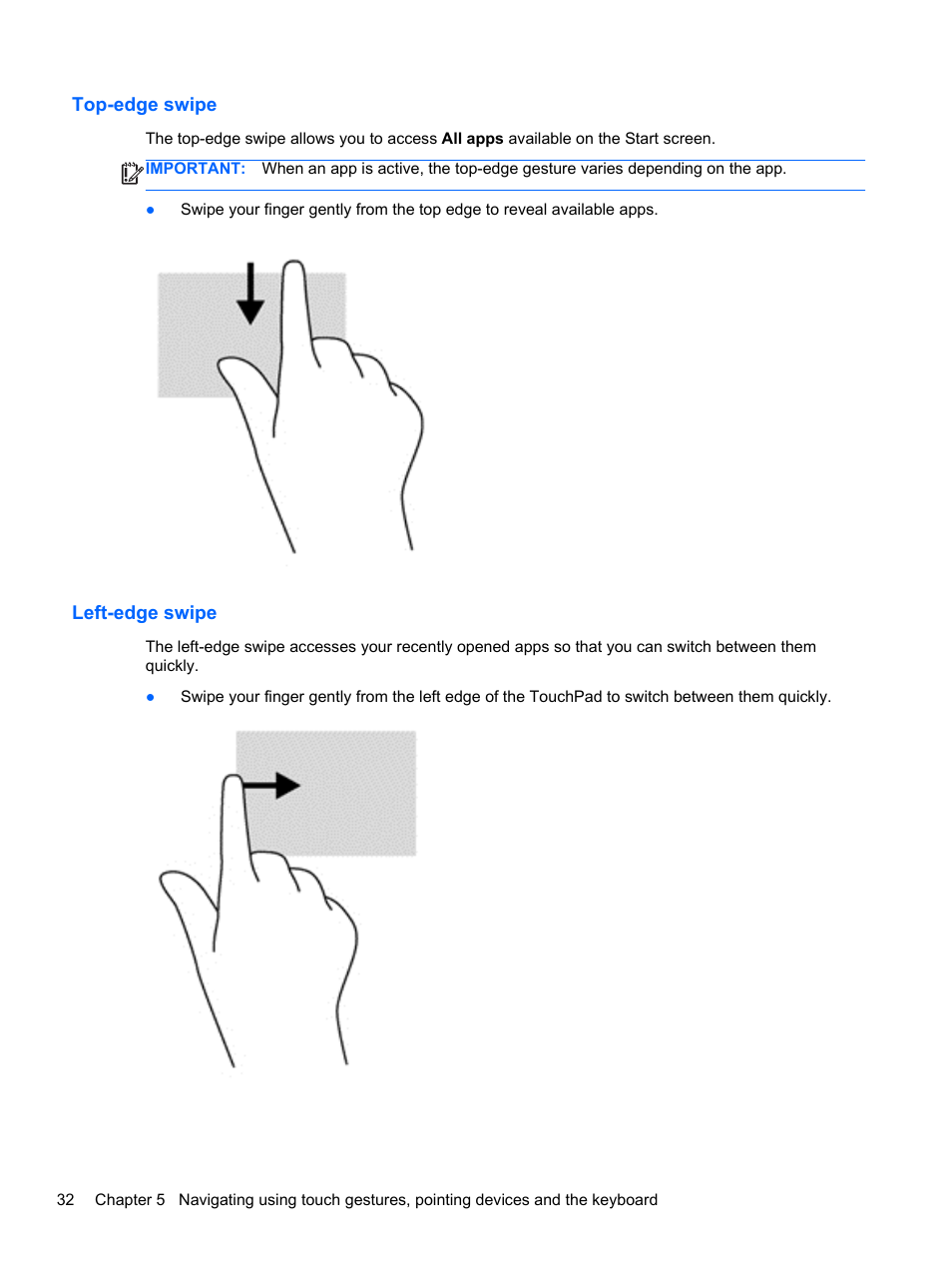 Top-edge swipe, Left-edge swipe, Top-edge swipe left-edge swipe | HP ENVY 15-j181nr Notebook PC User Manual | Page 42 / 90