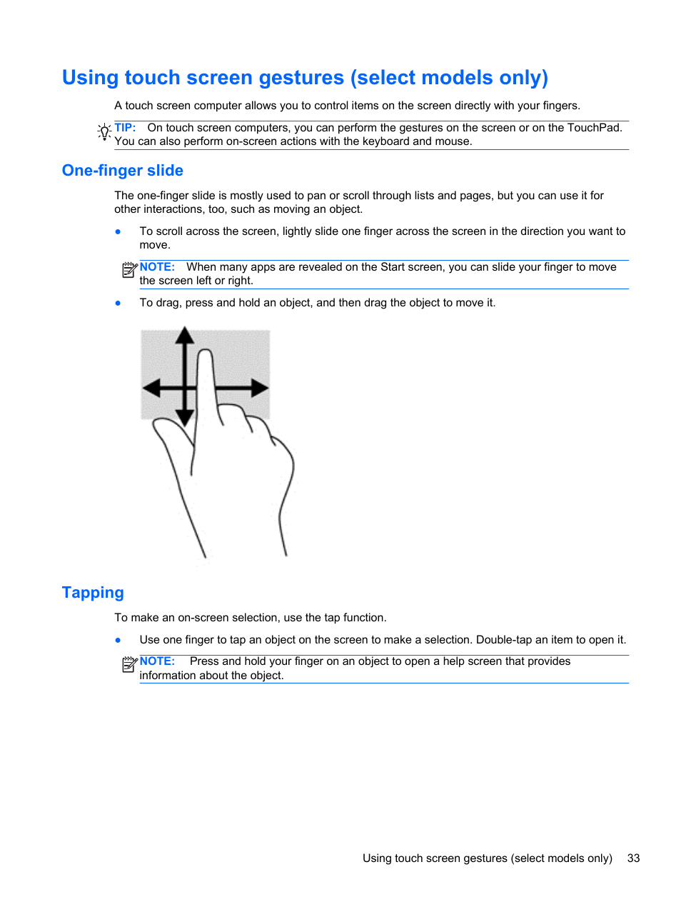 Using touch screen gestures (select models only), One-finger slide, Tapping | One-finger slide tapping | HP ENVY 15-j181nr Notebook PC User Manual | Page 43 / 90